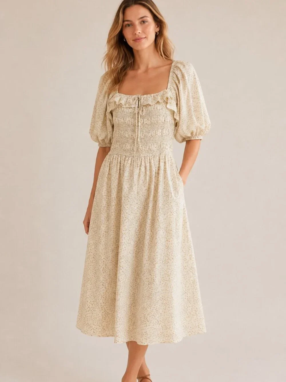 Ivy City Co Floral Smocked Midi Dress 2X Cream Puff Sleeve Ruffle Cottagecore